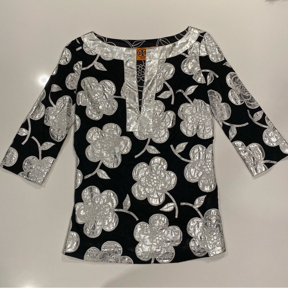 TORY BURCH Tunic, Black & Metallic Silver, Small